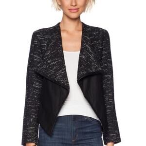 BB Dakota Blazer Jacket Renata Wool Tweed Faux Leather Vegan Open Drape Black M
